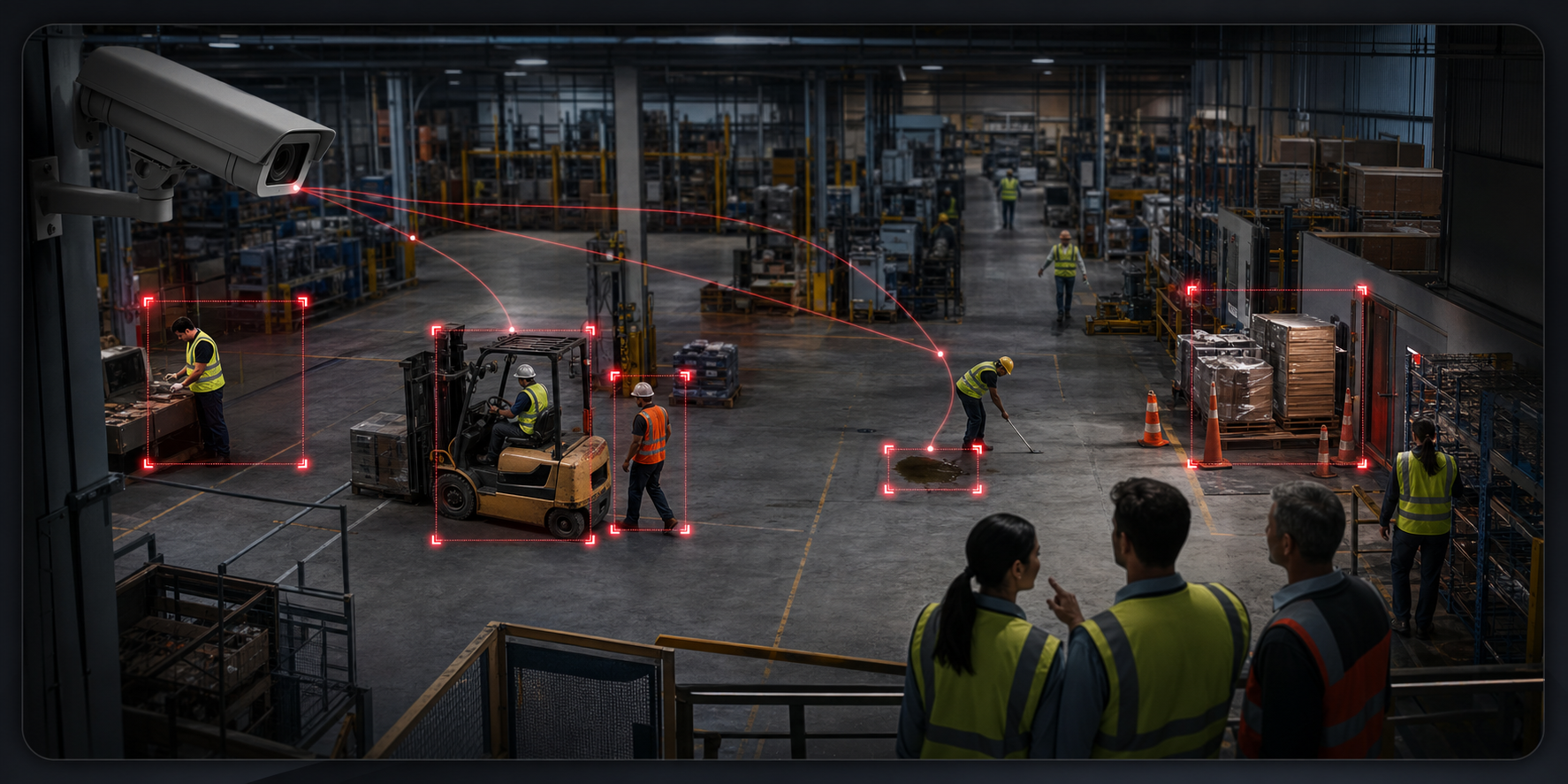 Existing CCTV enhanced by AI detecting safety and operational risks across a worksite