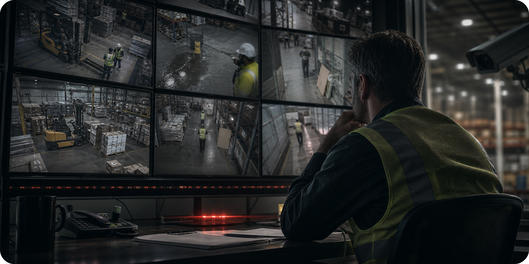 A supervisor monitoring many passive CCTV feeds while workplace hazards go undetected